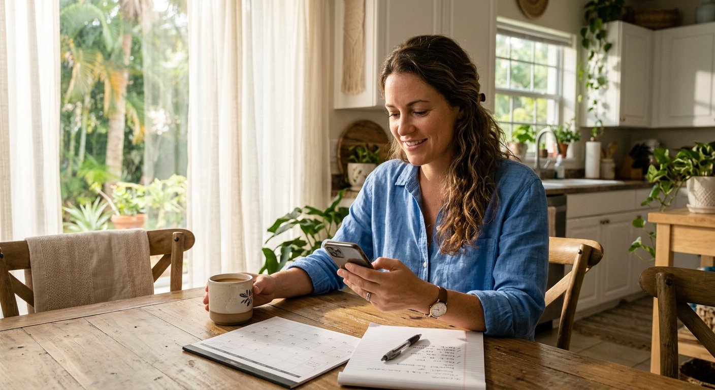 Woman at a sunny kitchen table reviewing her phone and a calendar while planning a move weeks in advance