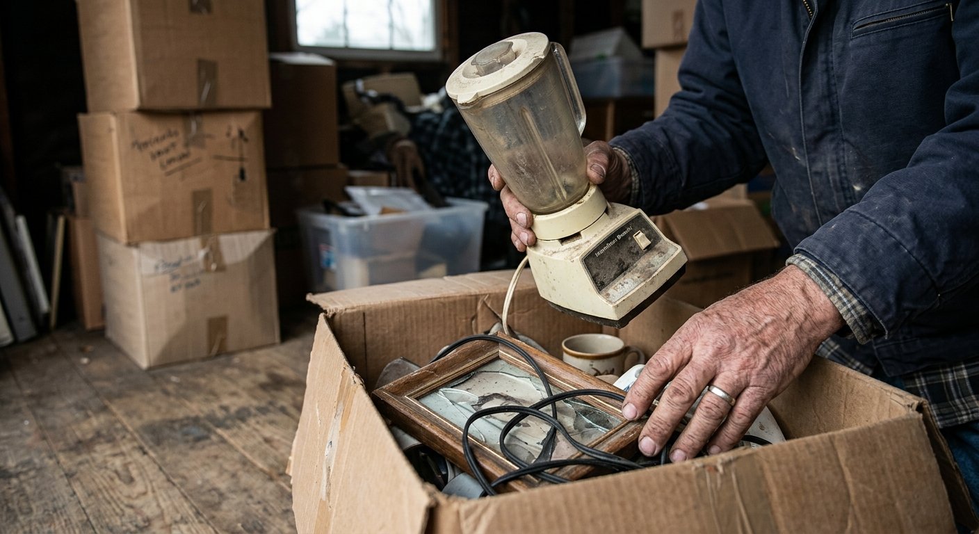 Close-up of hands sorting household clutter from a cardboard box on a wooden floor, with blurred moving boxes in background