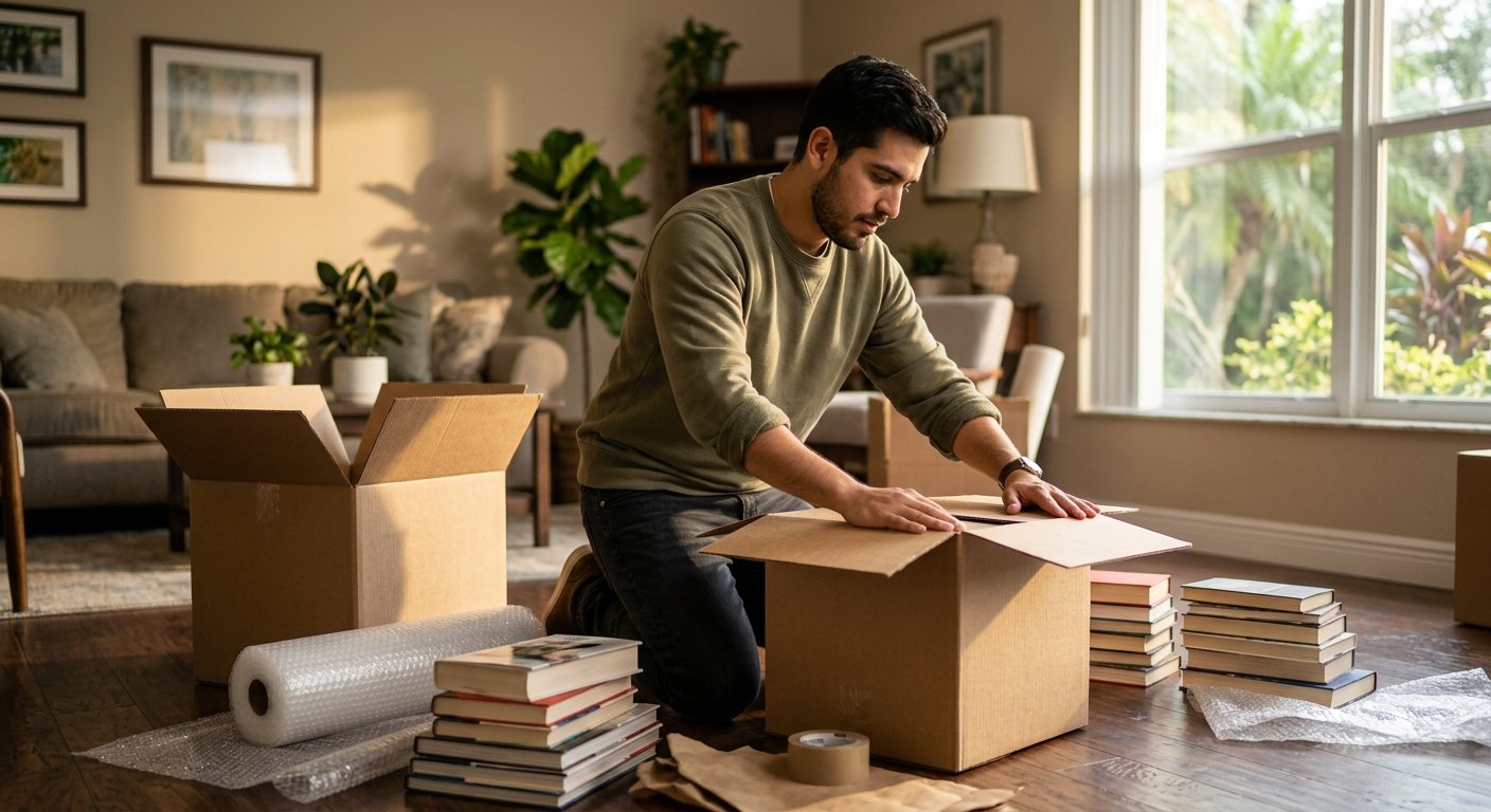 Young man kneeling on hardwood floor, folding a cardboard box surrounded by books and bubble wrap while packing his home
