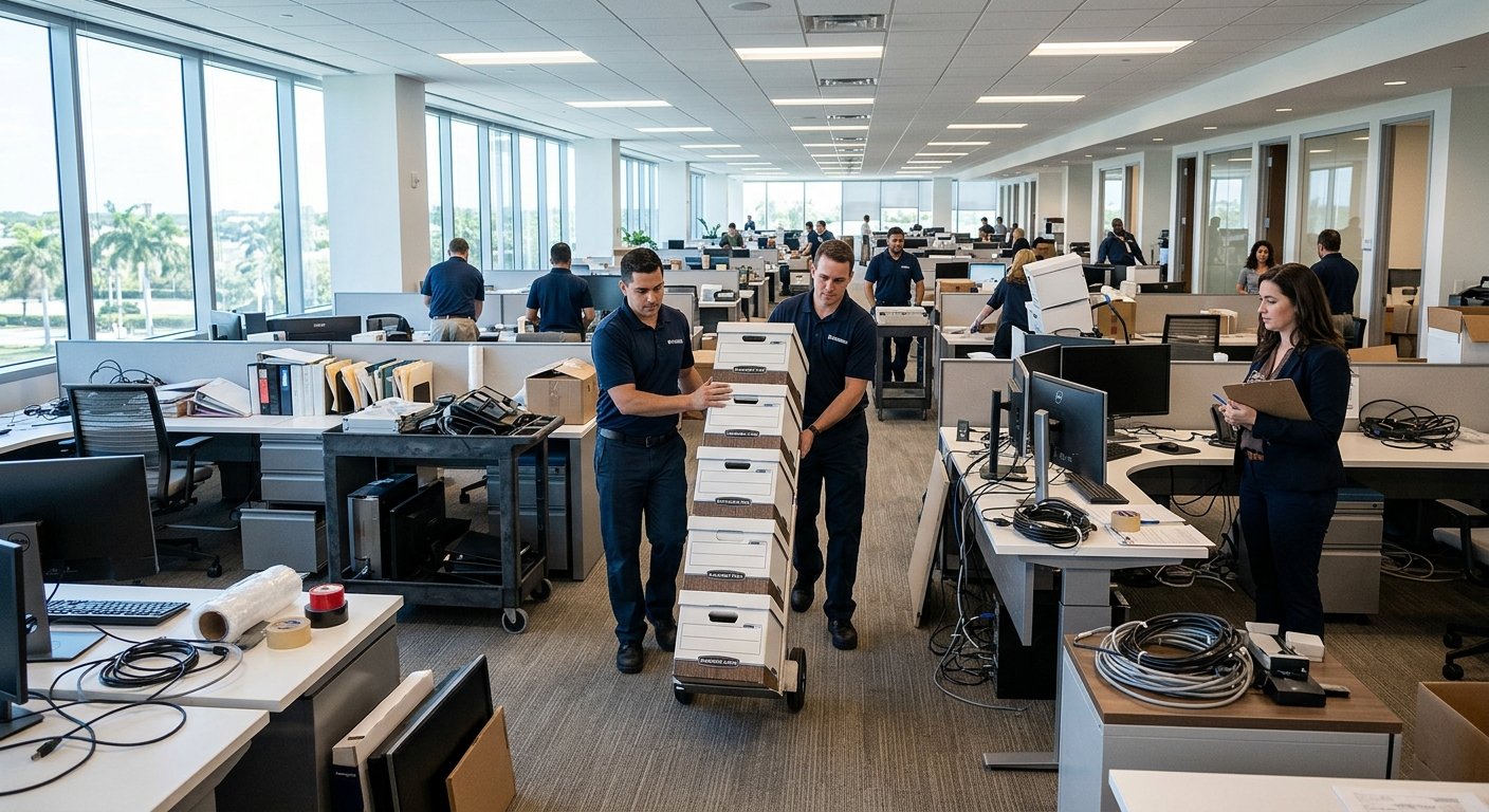 Two movers transporting stacked office boxes through a partially disassembled open-plan workspace while a businesswoman revie