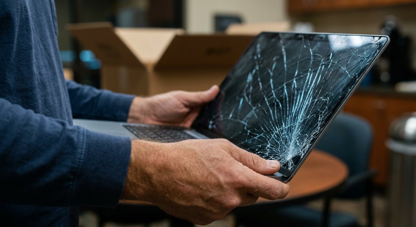 Hands holding a laptop with a severely cracked screen, a blurred moving box visible behind it in a dim office.