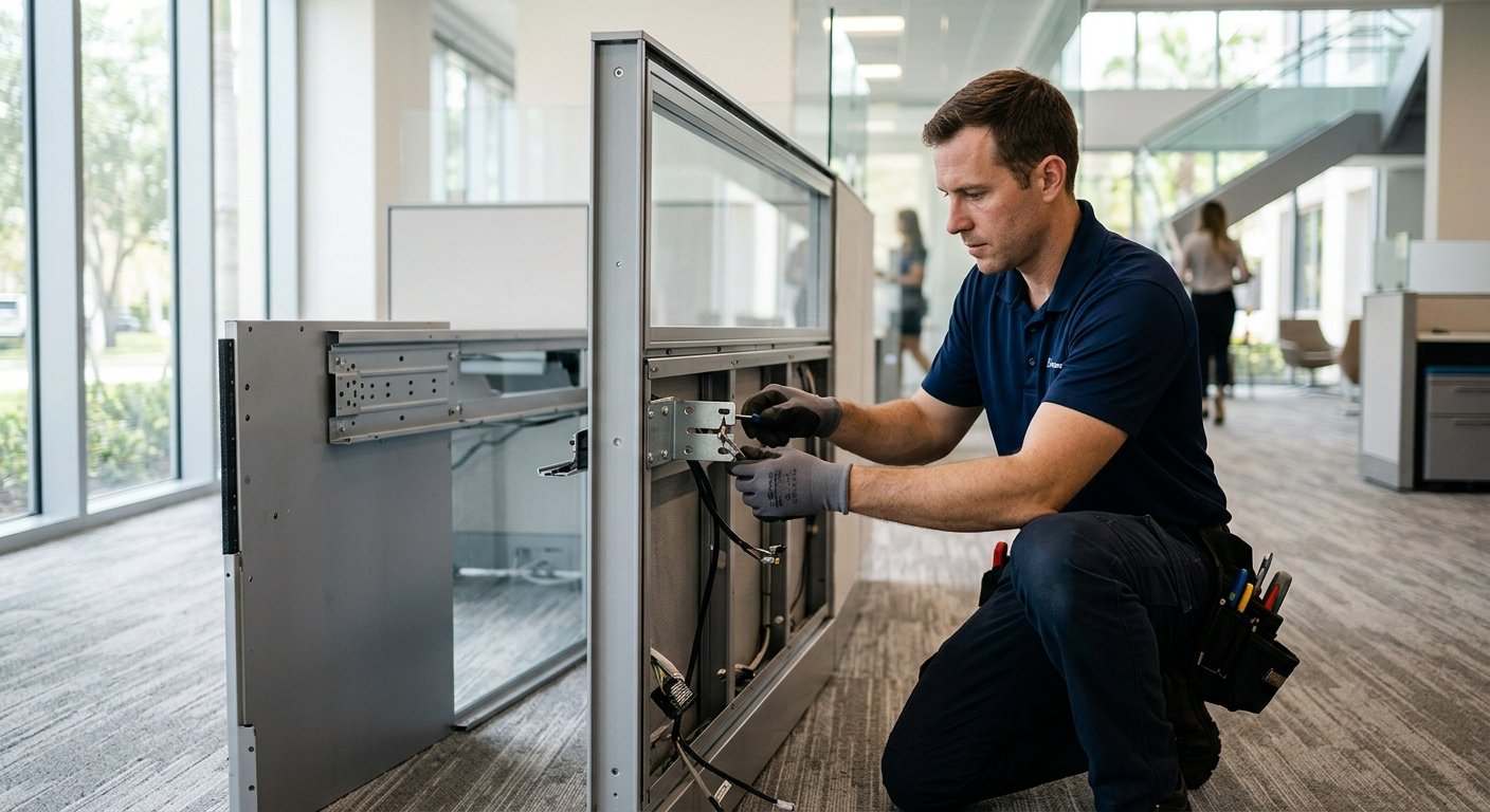 Male mover in navy polo crouching beside a disassembled modular office workstation panel, hands actively unclipping hardware